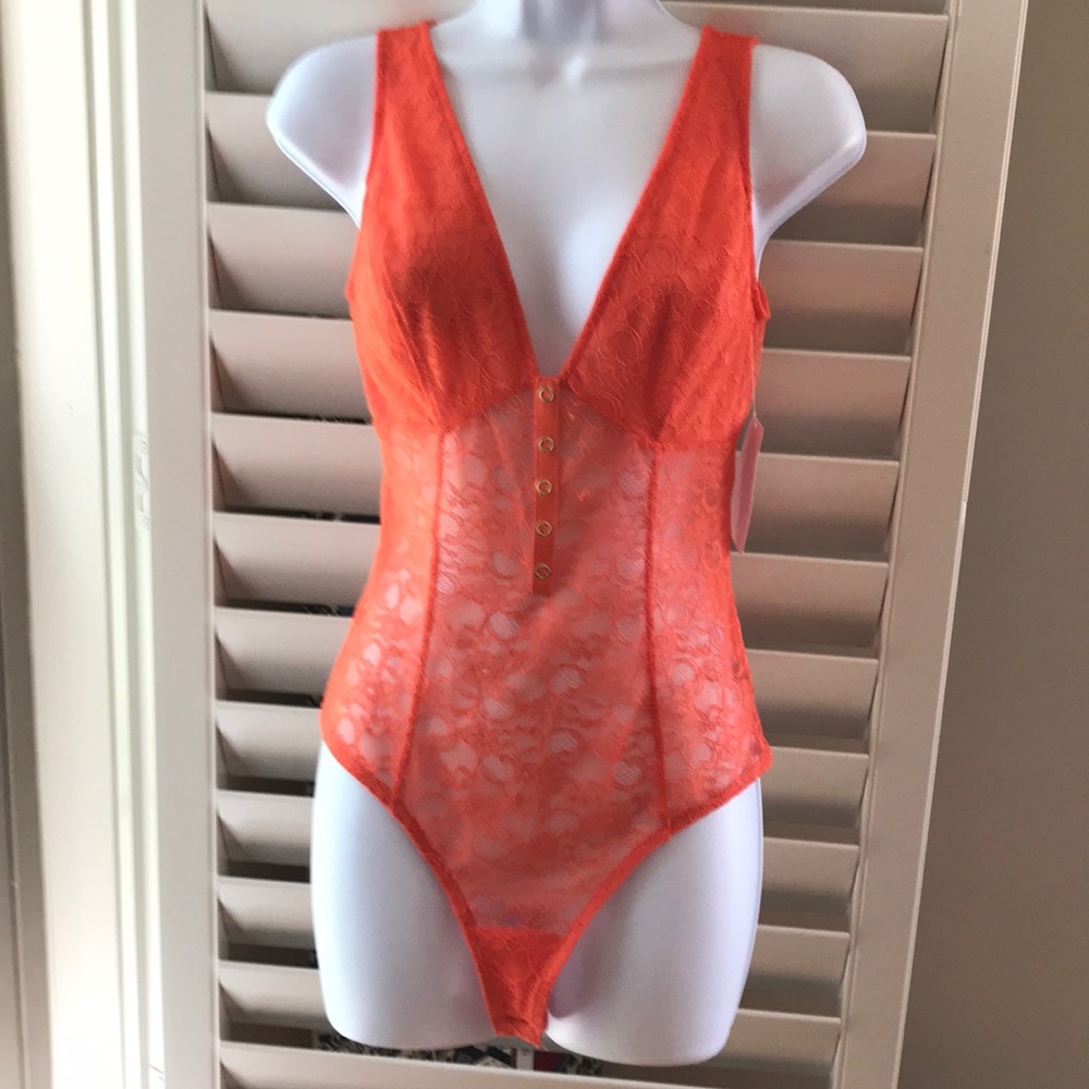 GUESS orange lace thong bodysuit, size S